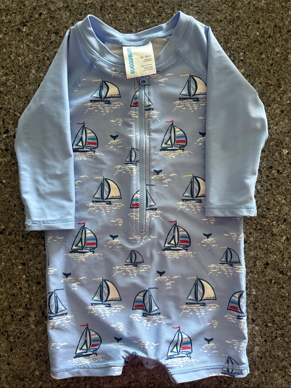 RuggedButts Baby Sailboat Rash Guard Romper - Light Blue